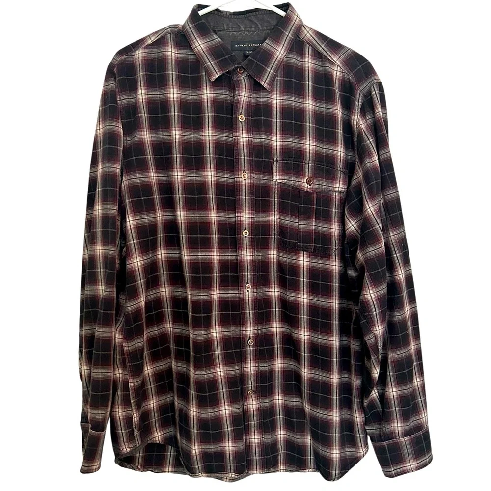 Banana Republic Men’s 16-16.5 Black‎ and Burgundy Plaid Button-Up Shirt
